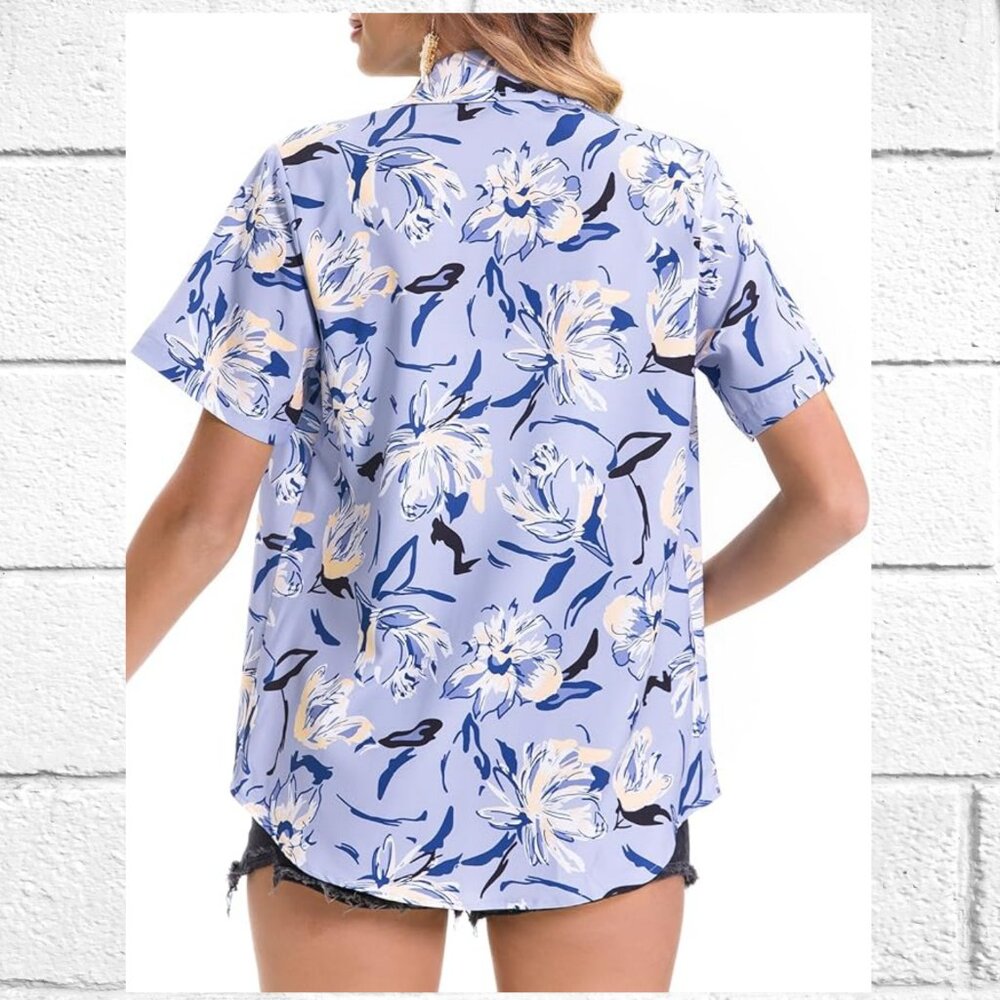 NWT! Womens Short Sleeve Floral Hawaiian Print Button-Down Shirt Top Blouse - Picture 3 of 12